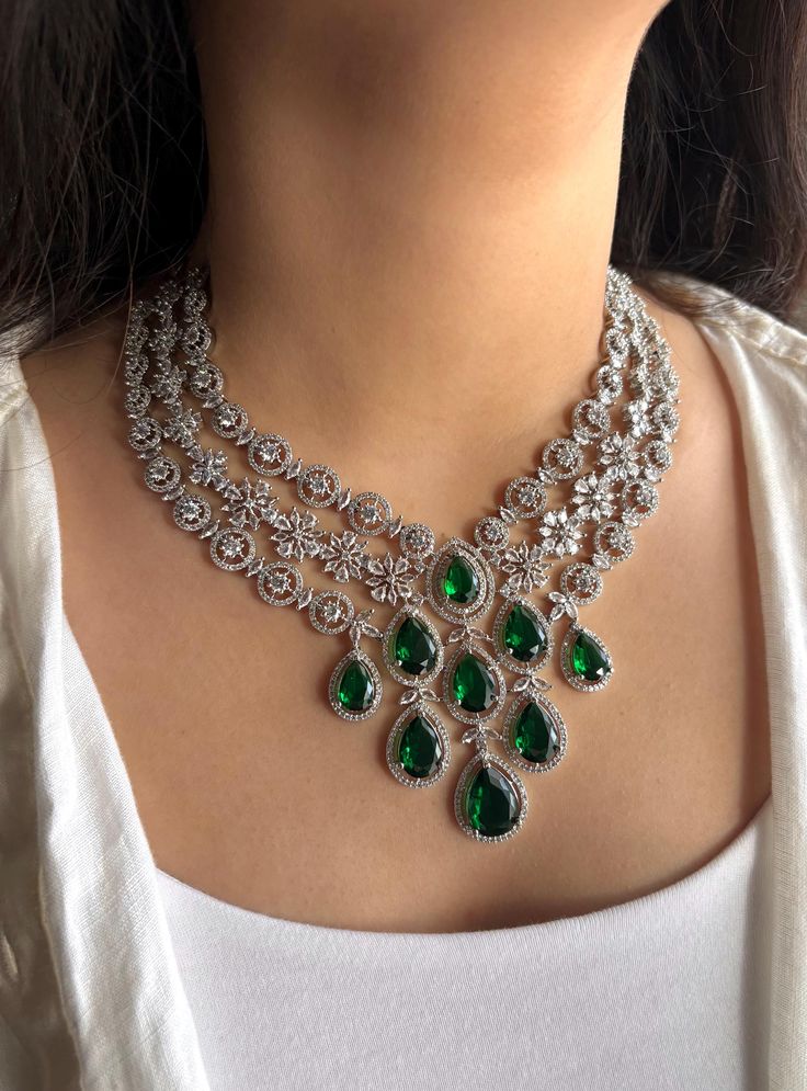 ASHITA Green colour diamond look bridal necklace set _Indian Wedding jewellery_Cz prom jewelry_ green and silver necklace earrings_