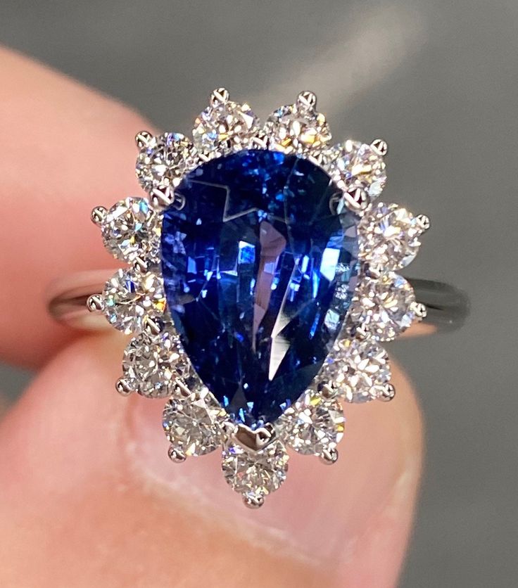 Flawless GIA Unheated 6_1 Ctw Blue Sapphire & D VVS Diamond Platinum Ring Pear Halo Engagement Cocktail Statement