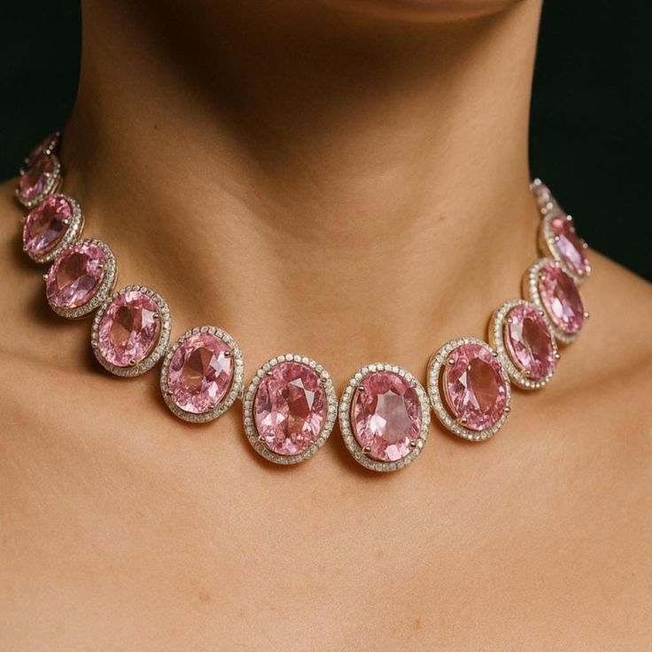 Pink Ruby Necklace CZ Sets India Choker Set PREMIUM American Diamond Set Amrapali Inspired DESIGNER Tyaani Jewelry Crystal Bridal Necklace
