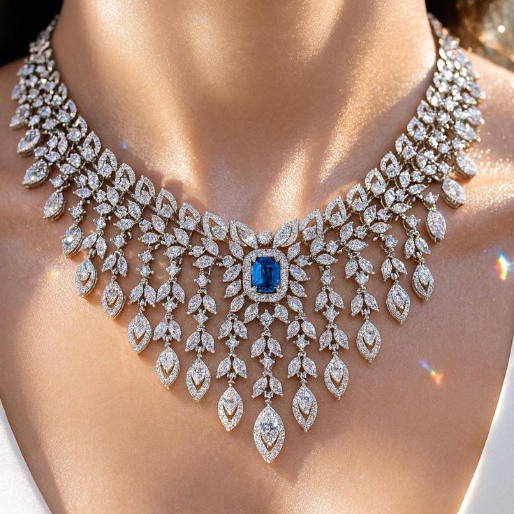 Sapphire Diamond Necklace LUXURY Statement Blue American Diamond Jewelry ROYAL Blue Sapphire Necklace Designer Bridal Set Cz WEDDING Gift