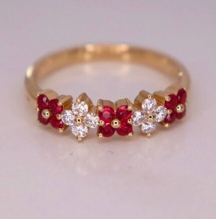 D&J Ruby Blossom Floral Ring – Gold Plated Red & White Zircon Elegant Band for Women