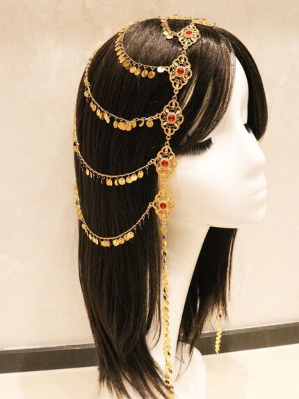 D&J Royal Ruby Cascade Hair Chain Headpiece – Gold Bridal & Festive Headdress