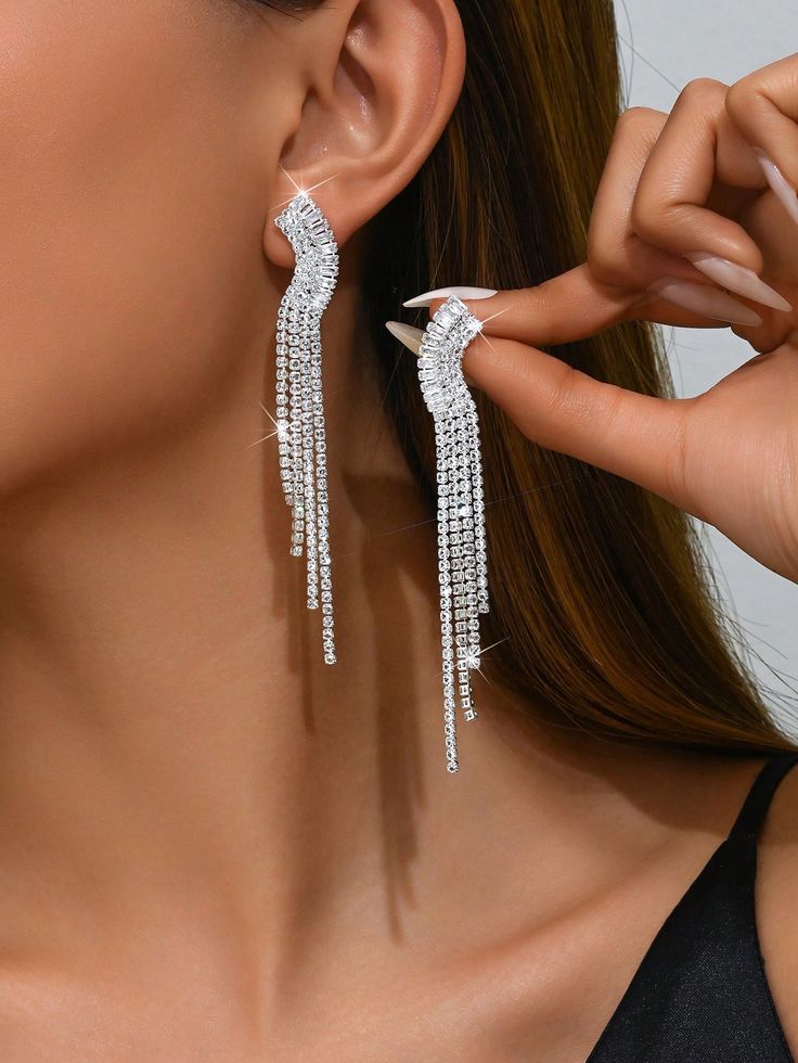1 Pair Silver-Plated Women's Shiny Crystal Zirconia Fringe Earrings, Suitable For Wedding, Party, Prom And GiftI discovered amazing products on SHEIN_com, come check them out!