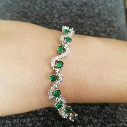 D&J Diamonds & Jewels Emerald & Diamond S-Curve Tennis Bracelet in White Gold