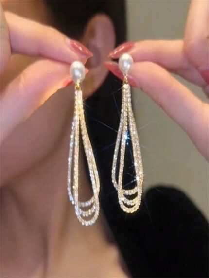 Long Waterdrop Rhinestone Tassel Earrings