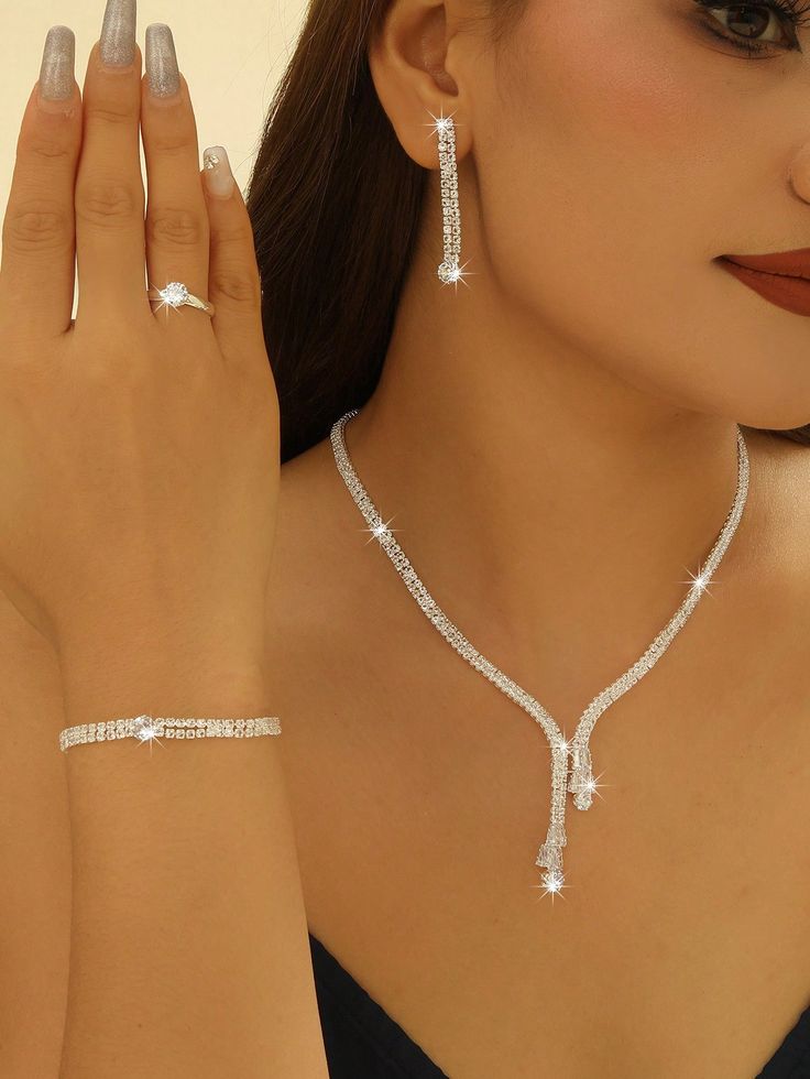 1set White Rhinestone Bridal Jewelry Set, Western Style Crystal Jewelry Set For Parties