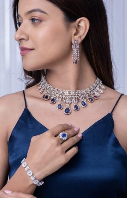 D&J Diamonds & Jewels Royal Sapphire Drop Diamond Jewellery Set