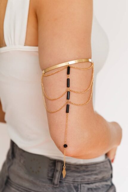 D&J Gold & Black Layered Chain Armlet – Adjustable Statement Upper Arm Cuff