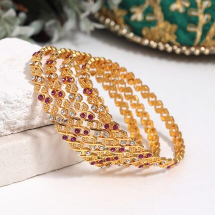 D&J Diamonds & Jewels Ruby & Crystal Studded Gold Plated Bangles Set for Women – Luxury Bridal & Festive Jewelry