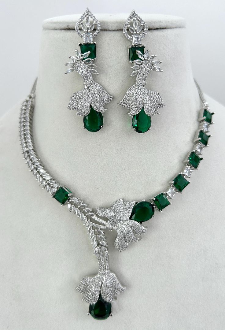 American Diamond Braut_Hochzeits-Halskette_ Promi CZ_AD Silber Ton Grün Set