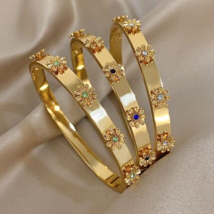 D&J Floral Diamond Gold Bangles – Classic Blossom Openable Kada Set