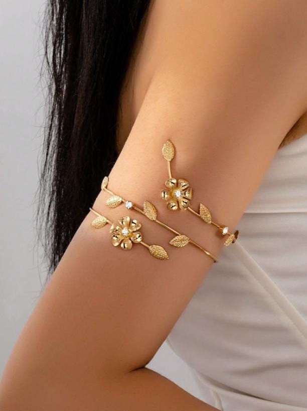 Gold Floral Arm Cuff, Goddess Style Bracelet