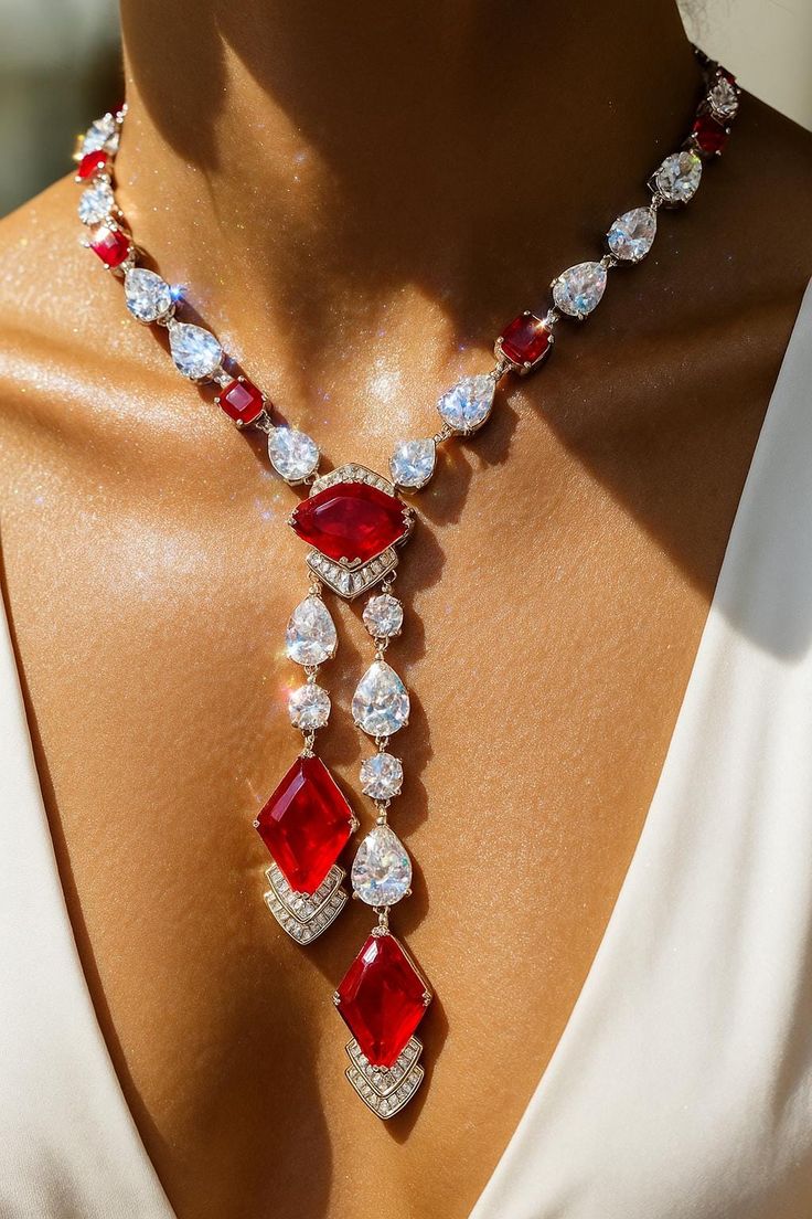 Ruby Necklace LUXURY Red Stone Statement Diamond Necklace DESIGNER American Diamond Moissanite Red Ruby Jewelry Set Zircon Cz Bride WEDDING