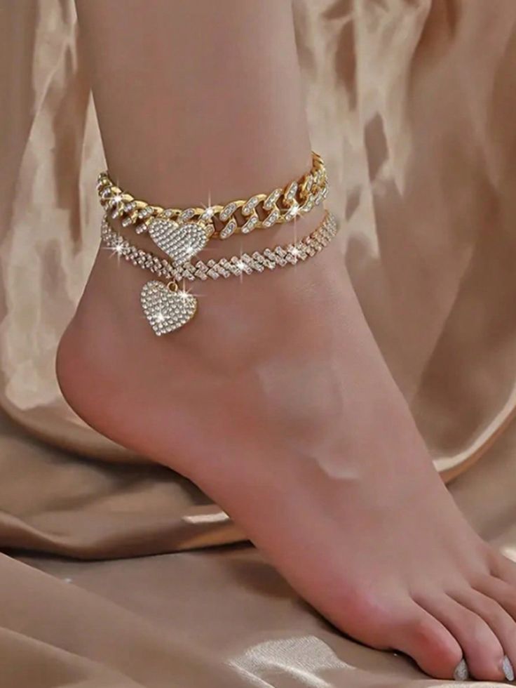 Statement Punk Style Heart Ankle Bracelet Set Fashion Crytal Rhinestone Cuban Chain Heart Pendant Anklet With Shiny Bling Rhinestone For Girls Women Lady Foot Jewelry