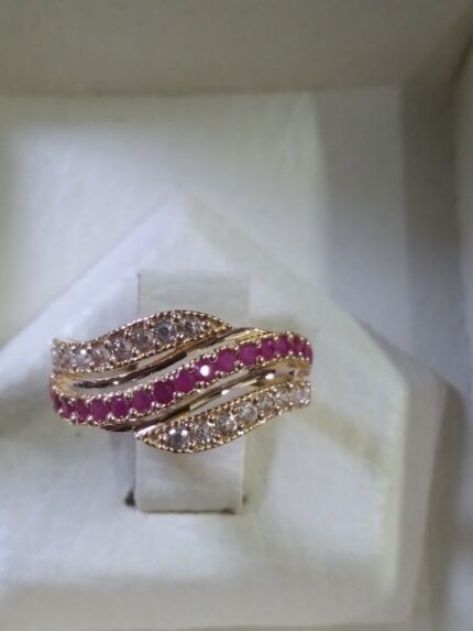 D&J Ruby Wave Band Ring – Gold Plated Pink & White Zircon Luxury Statement Ring for Women