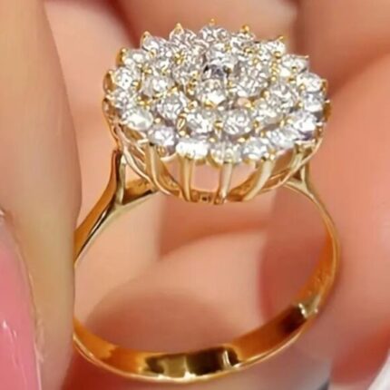 D&J Diamonds & Jewels Luxury Gold Tone Floral Cluster Ring – Round Brilliant Statement Ring for Women