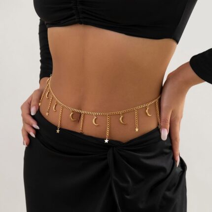 D&J Celestial Moon & Star Gold Waist Chain – Elegant Layered Belly Jewelry