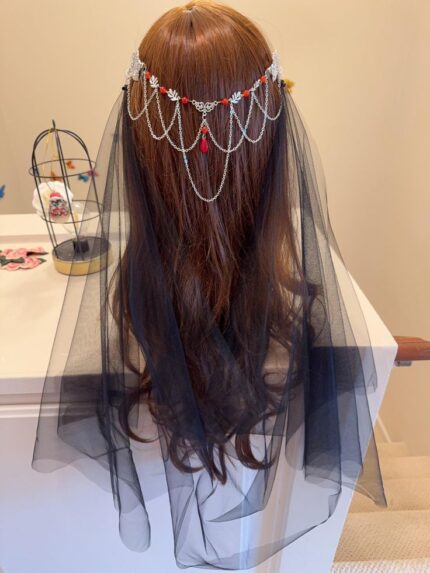 D&J Noir Ruby Draped Chain Bridal Veil Headpiece – Silver Statement Hair Jewelry