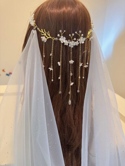 D&J Celestial Pearl Cascade Bridal Veil Headpiece – Floral Gold Hair Jewelry