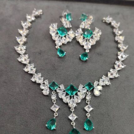D&J Emerald Blossom American Diamond Drop Necklace Set