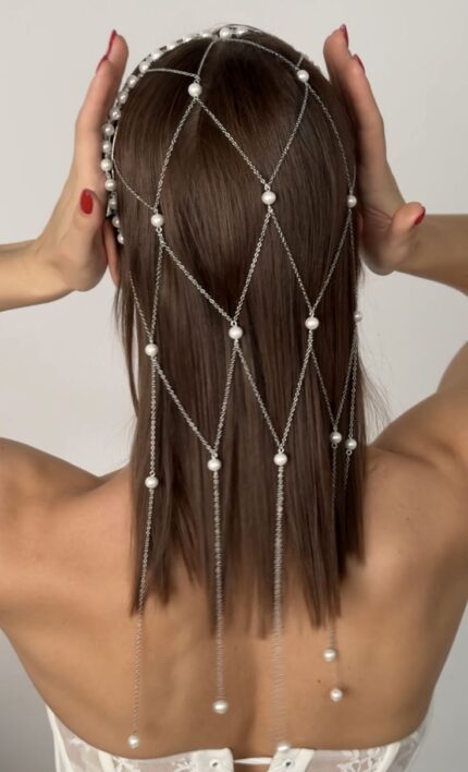 D&J Pearl Lattice Diamond Hair Veil | Luxury Bridal Chain Headpiece